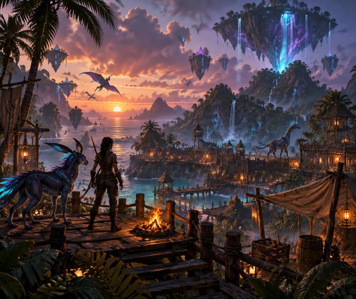 Uma grande base tropical brasileira cercada por ilhas flutuantes e criaturas fantásticas